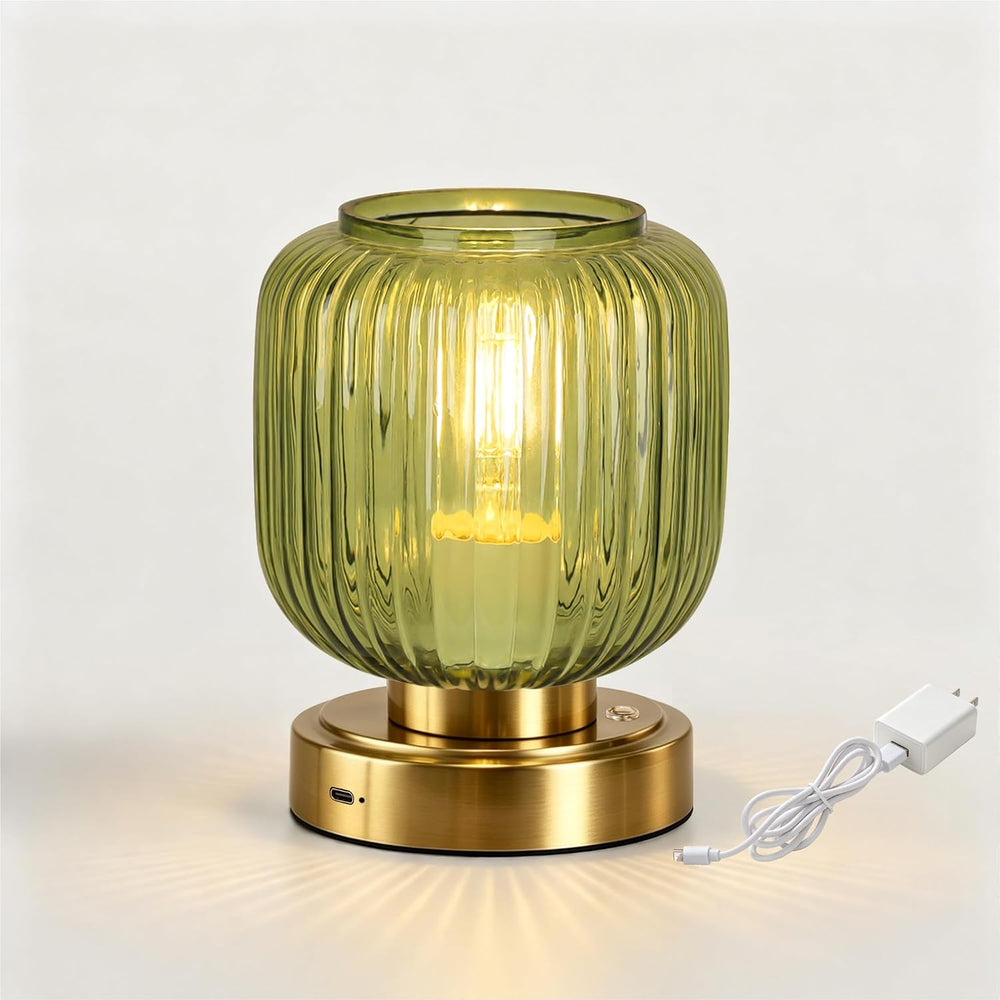 Cordless Table Lamp for Living Room, Small Green Glass Lamp for Bedroom