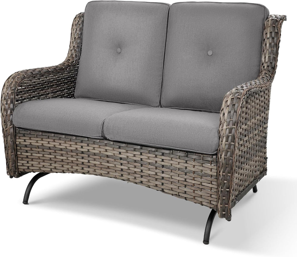 Patio Loveseat Wicker Loveseat Rattan Glider Sofa with Curved Armrest Thickin...