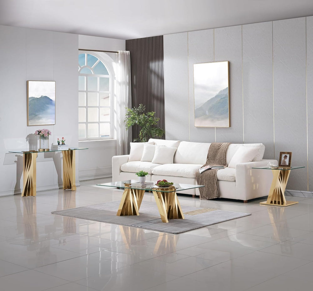 3 Piece Gold Living Room Table Set, Rectangular Modern Glass Coffee Table, Co...