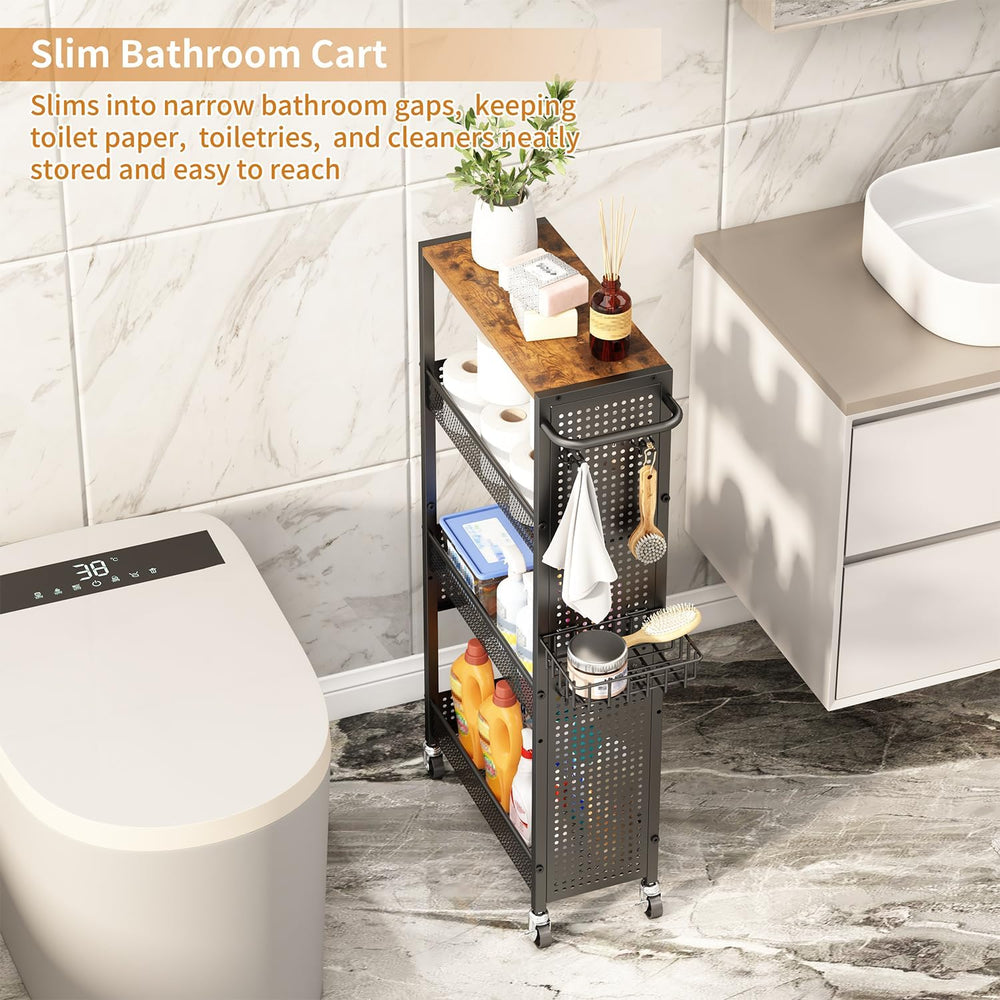 Slim Storage Rolling Cart: 4-Tier Narrow Metal and Wood Utility Cart with Whe...