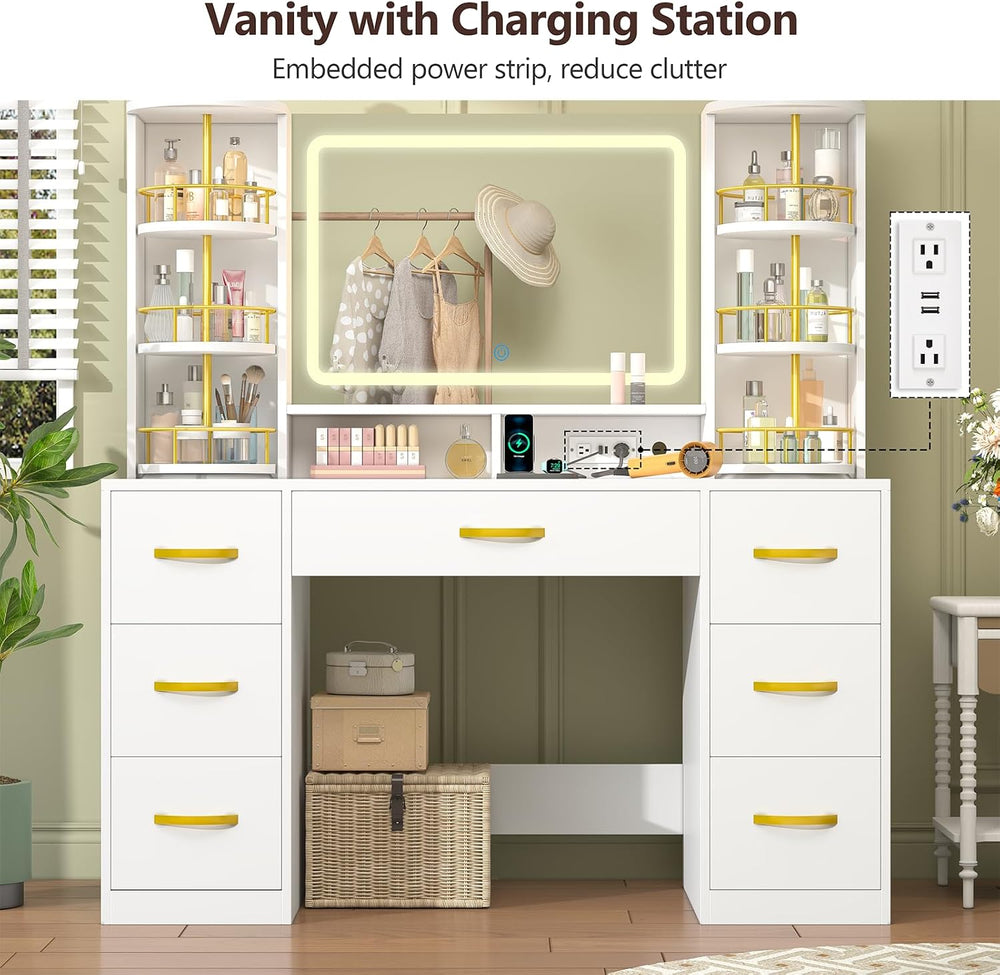 Vanity Desk with Mirror and Lights, 360° Rotating Shelves, 7 Drawers | White ...