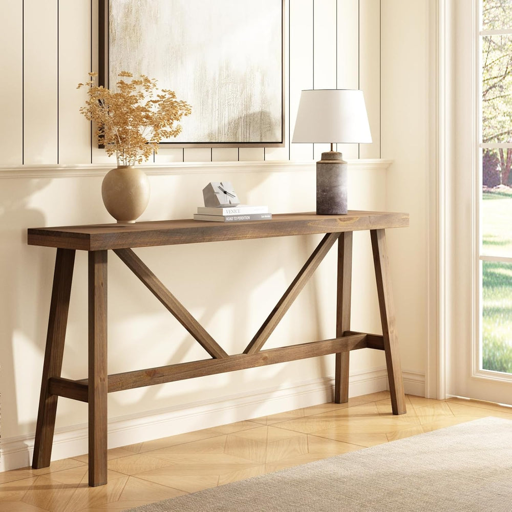 Wnutrees 63" Farmhouse Solid Wood Console Table, Rustic Hallway Table | ...