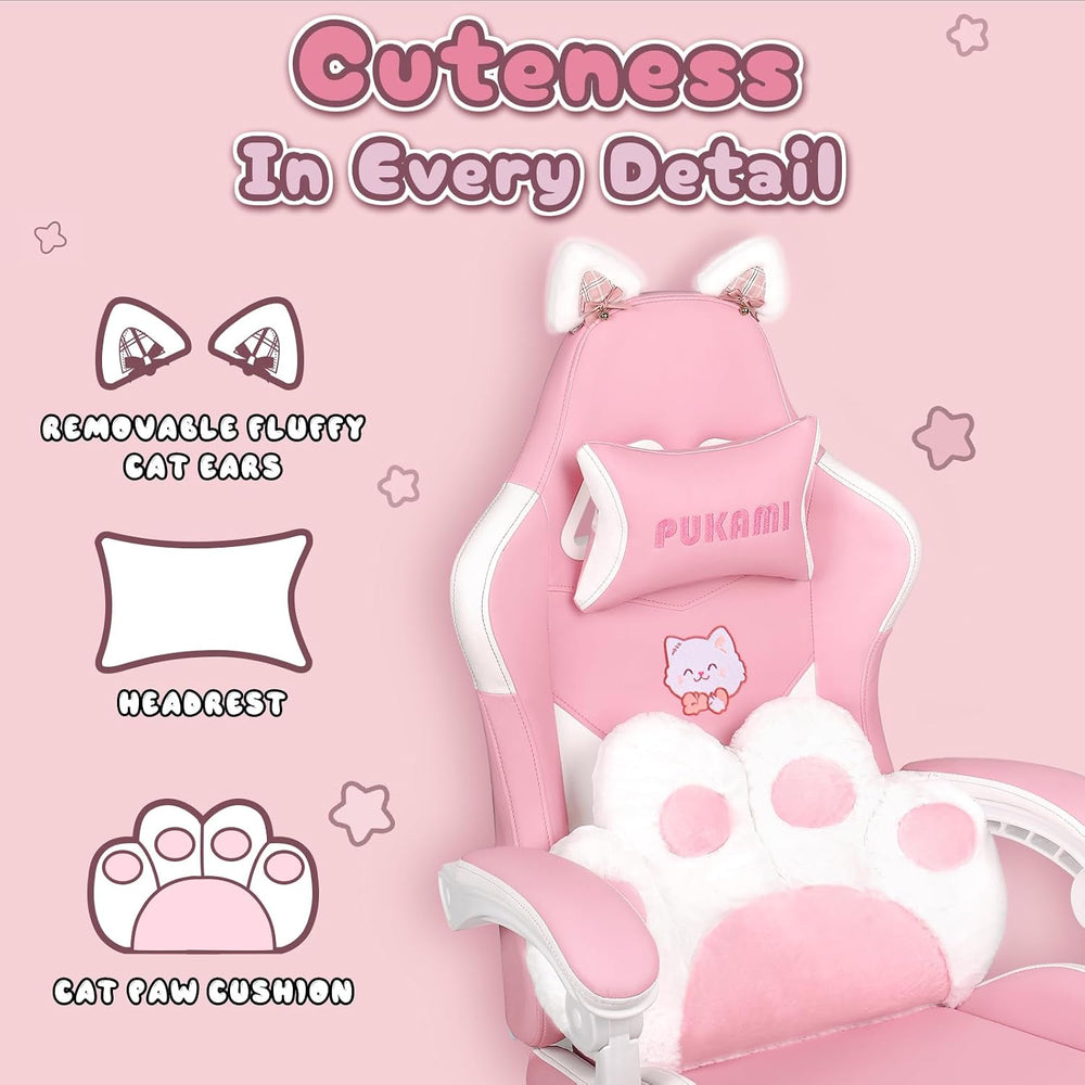 PUKAMI Pink Gaming Chair Cute with Cat Ears and Cat Paw Lumbar Cushion, Ergon...