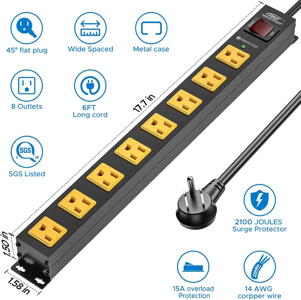 2 Pack 8 Outlet Heavy Duty Power Strip with Switch,15A/1875W, 6FT