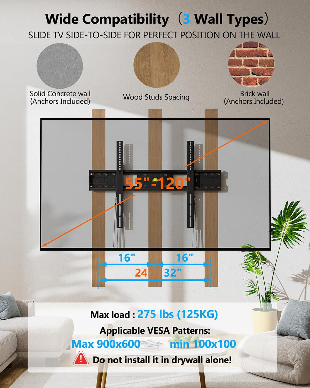 FORGING MOUNT Heavy Duty Fixed TV Wall Mount Holds up to 275Lbs for 50-120 in...