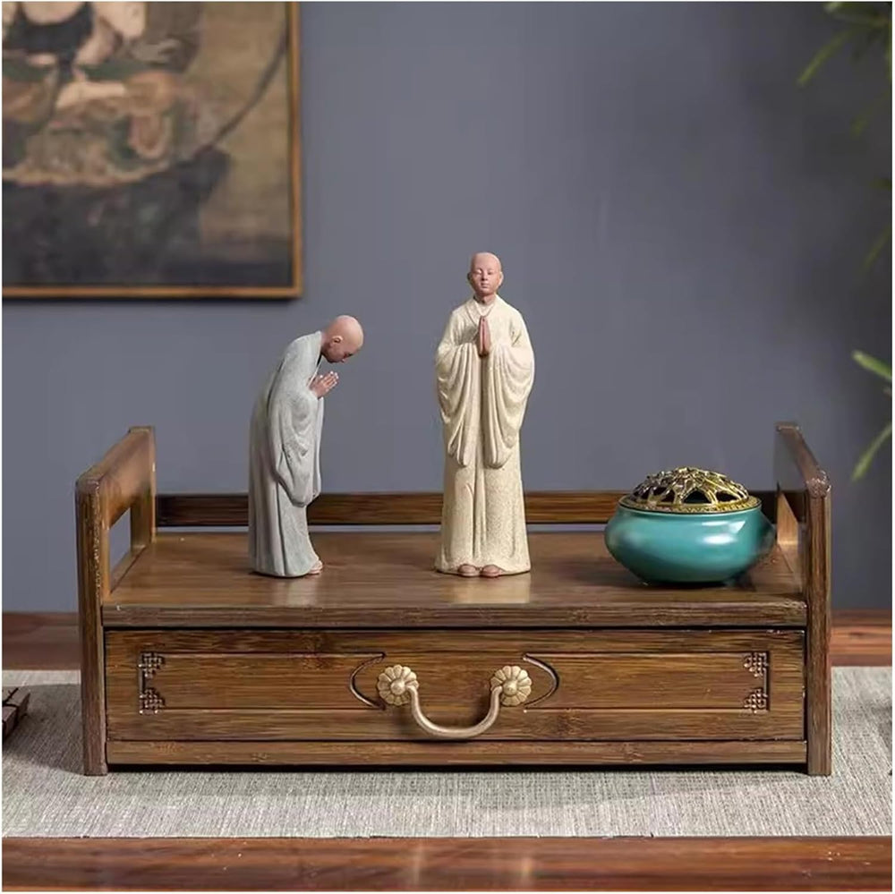 Bamboo Altar Meditation Table - Spiritual Worship Table with Drawer & 2-T...