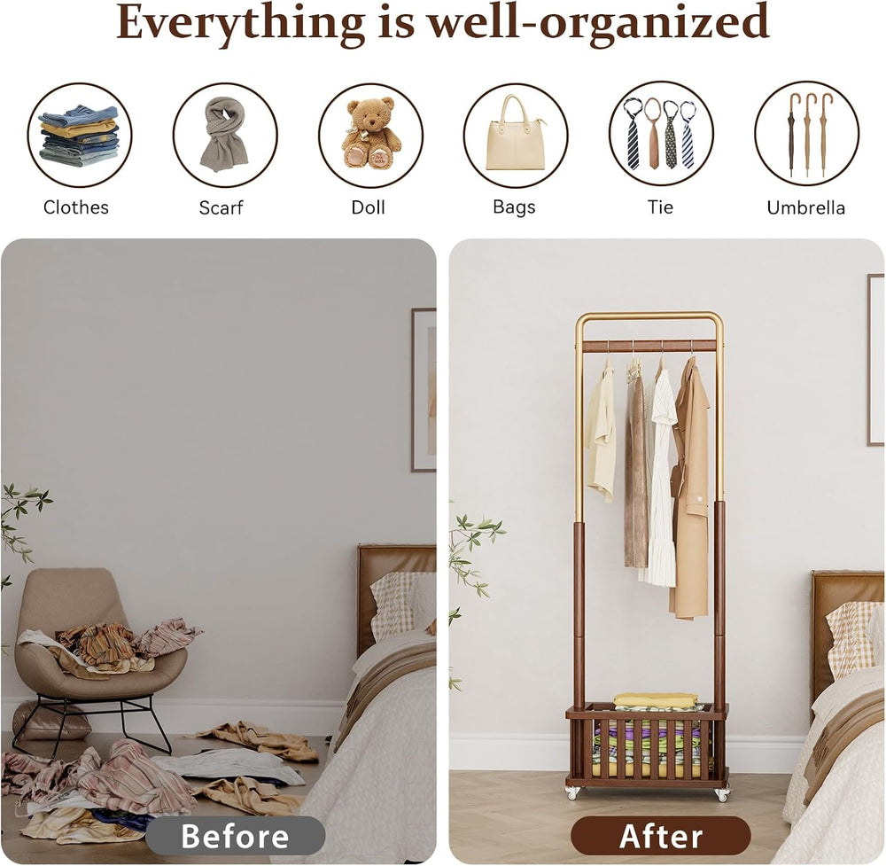 Taitiy Freestanding Solid Wood Coat Rack with Wheels for Hanging Clothes