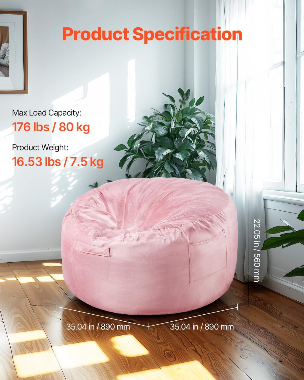 VEVOR Bean Bag Chair, 3 feet Round Bean Bag Chair with Removable and Washable...