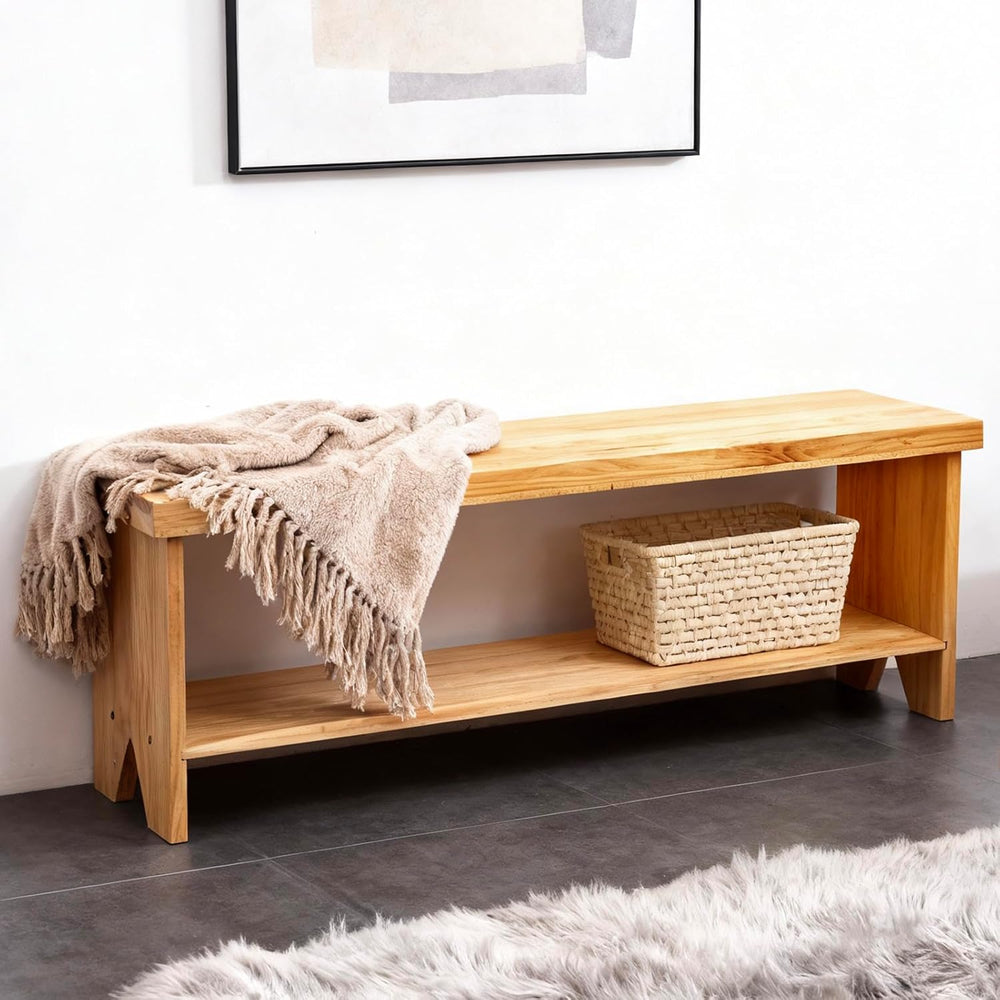 43" Solid Wood Farmhouse Bench, Entryway Bench with Storage Shelf, Narro...
