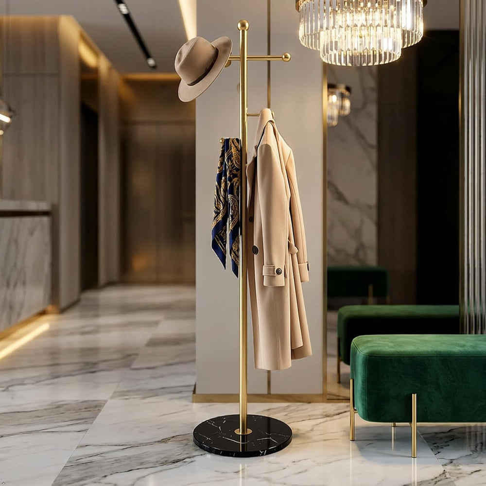 Modern Freestanding Coat Rack with Marble Base, 8 Hooks