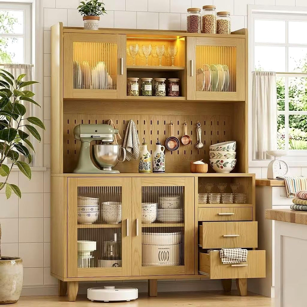 71" Tall Hutch Cabinet with LED Light & Charging Station | Kitchen S...