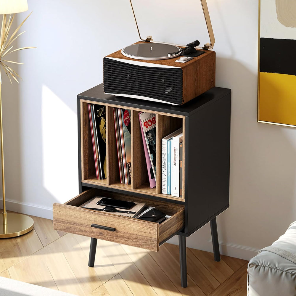 Kiasthome Black Record Player Stand with Storage Crate & Drawer, Vinyl Re...