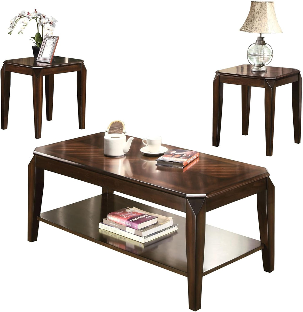 Polay 3-Piece Coffee and End Table Set with Parquet Design | Rich walnut fini...