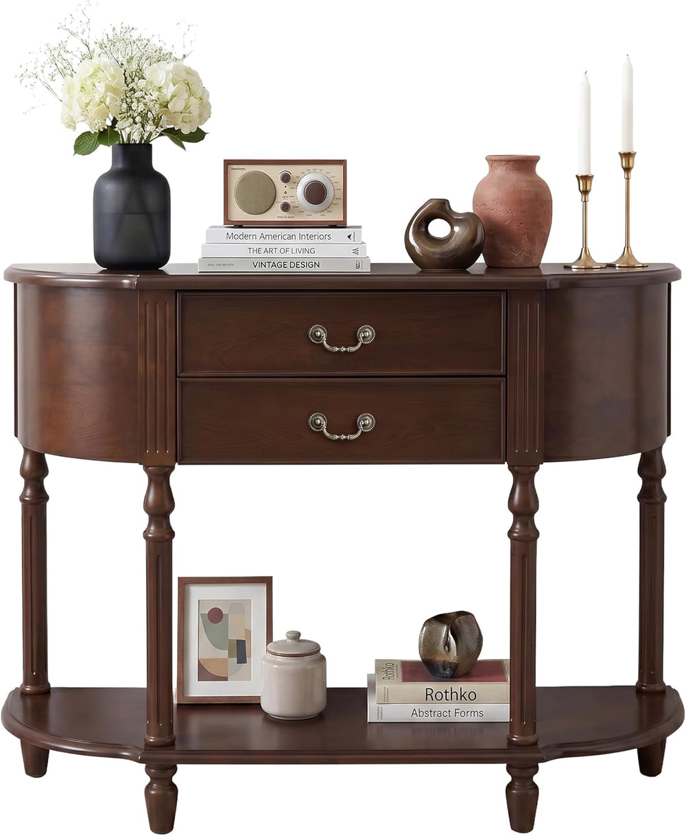 LKTART 43.3" Solid Wood Vintage Curved Console Table, Half Moon Sofa Tab...