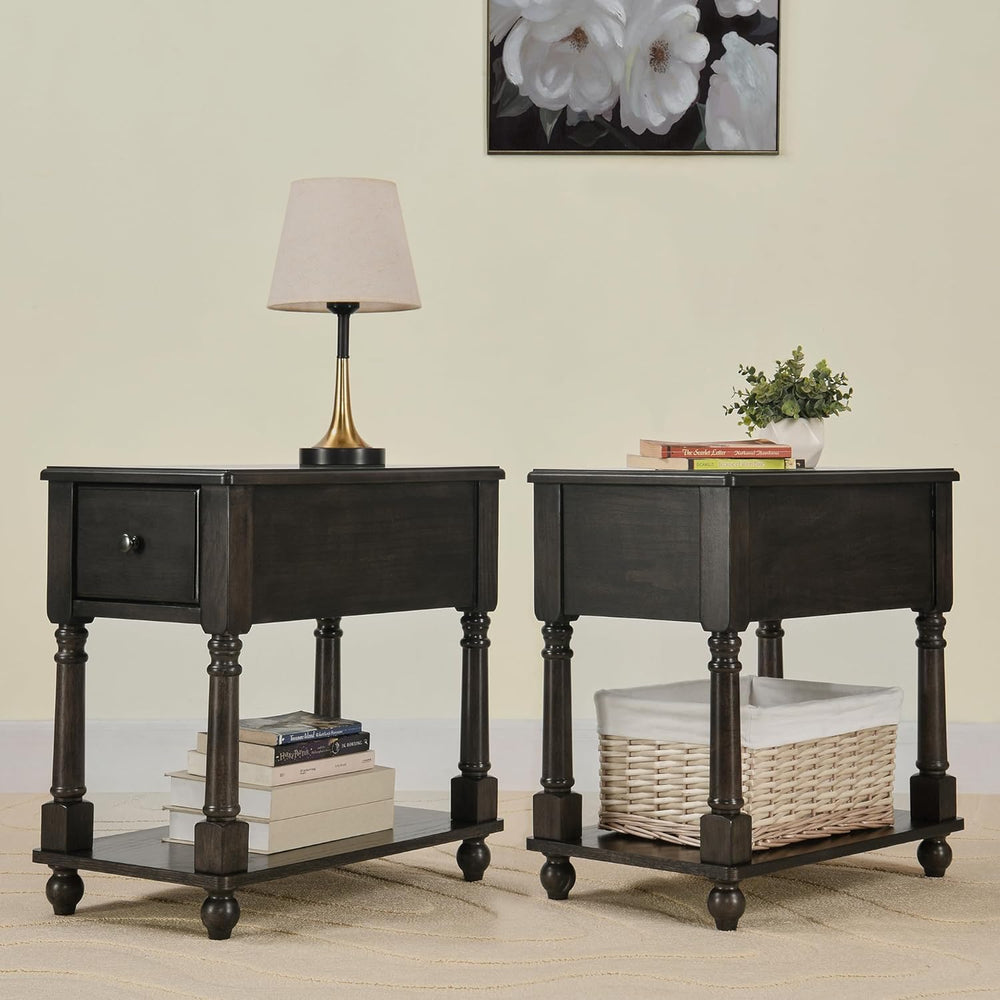 Narrow End Side Table with Drawer and Storage Shelf Set of 2, Solid Wood Sofa...
