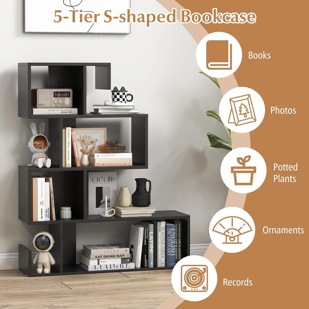 Tangkula S-Shaped Bookshelf, 5-Tier Modern Geometric Stepped Bookcase with An...