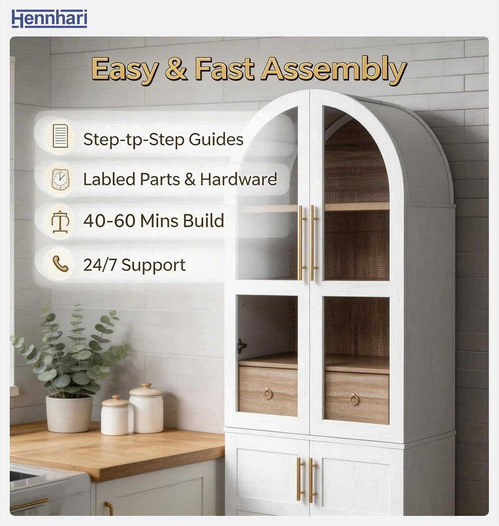 71" Tall Storage Cabinet with Arched Glass Doors, Pantry Cabinet with So...