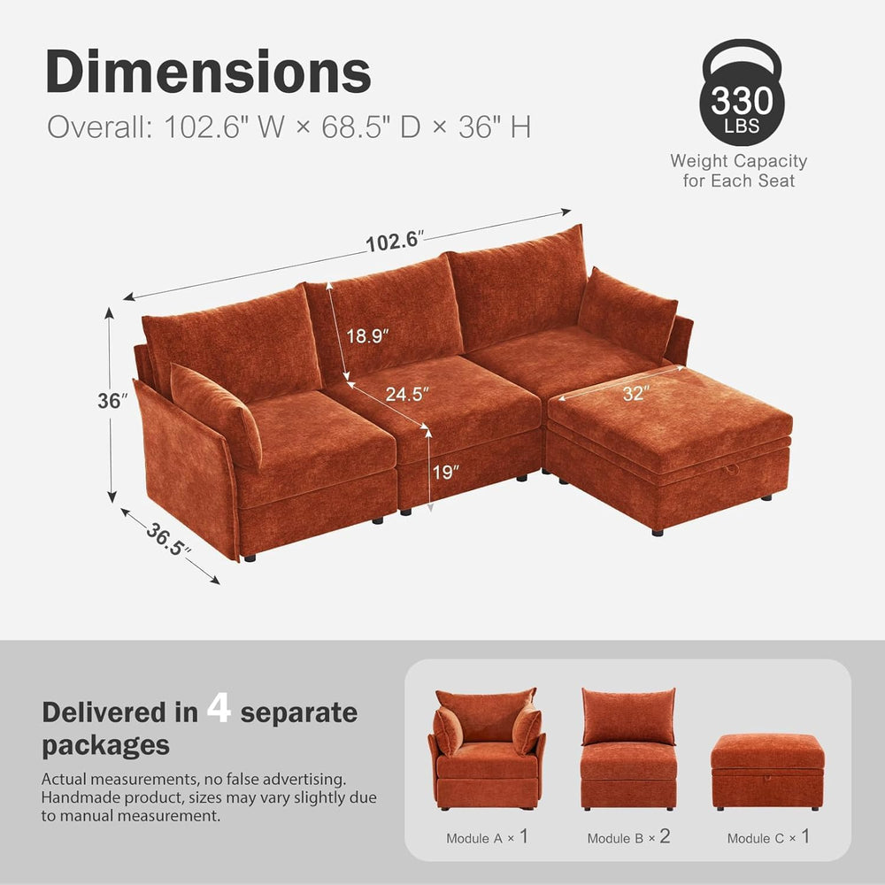 ABCASA L-Shaped 4-Seater Modular Sectional Sofa with Movable Storage Ottoman,...