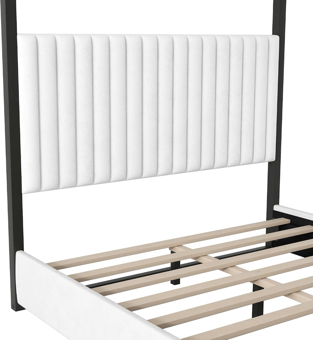 LUMISOL Queen Size Upholstered Canopy Bed, 4-Poster Platform Bed with Tall He...