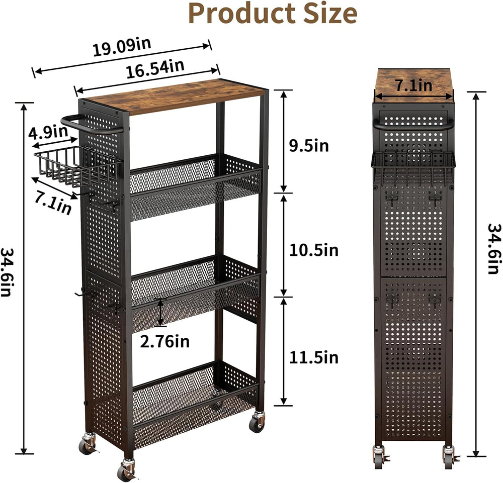 Slim Storage Rolling Cart: 4-Tier Narrow Metal and Wood Utility Cart with Whe...