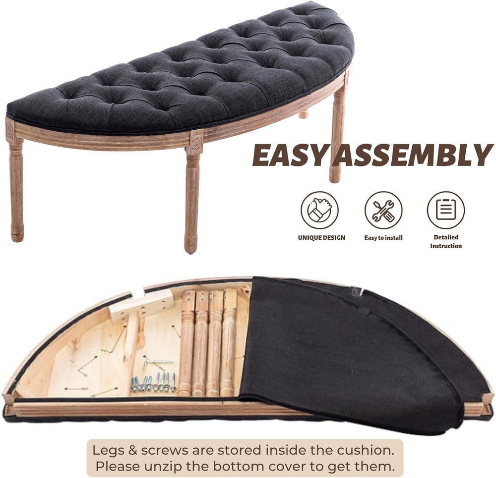 chairus 55" Button Tufted Semi-Circle Dining Bench Linen Halfmoon Entryw...