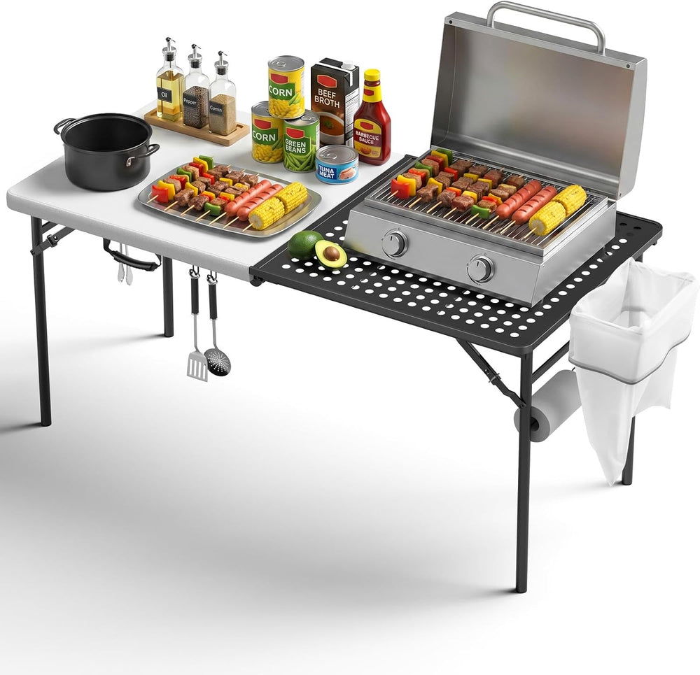 5FT Folding Table Portable Picnic Table with Metal Grid Grilling Surface, Fol...