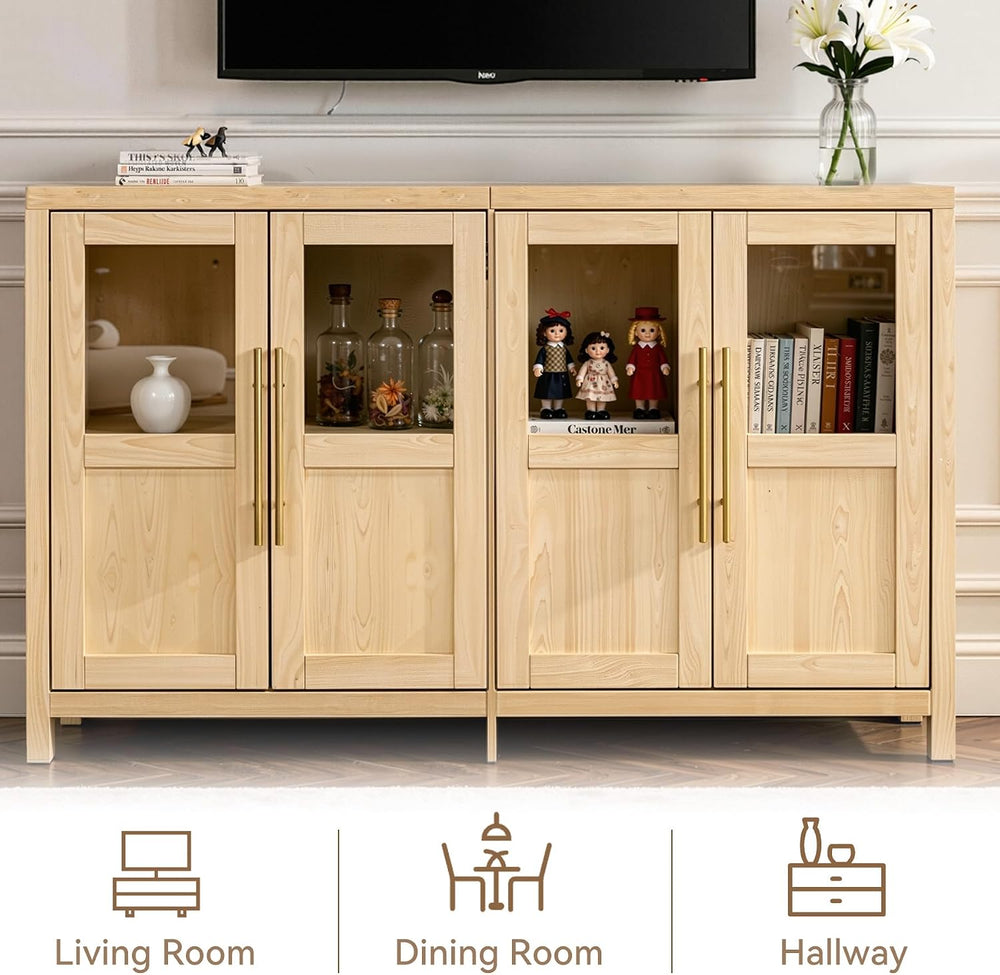 55" Sideboard Cabinet with Glass Doors, Large Buffet Cabinet with Storag...