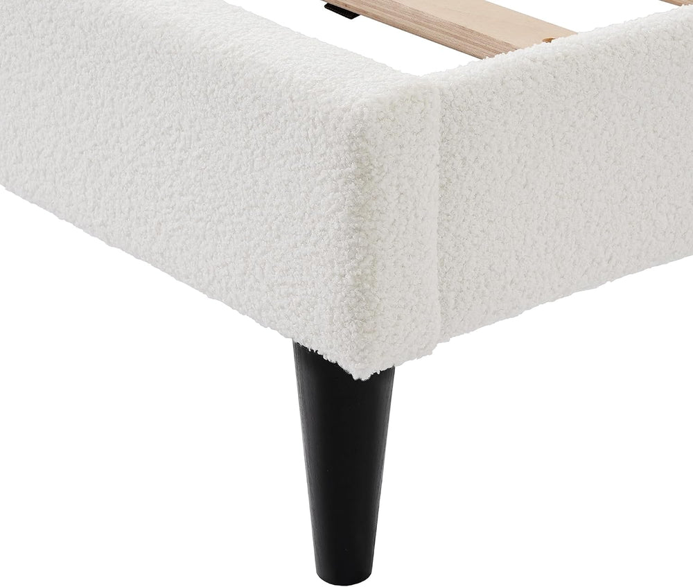 Peanu Queen Boucle Bed Frame, Petal Headboard, Ambient Light, White