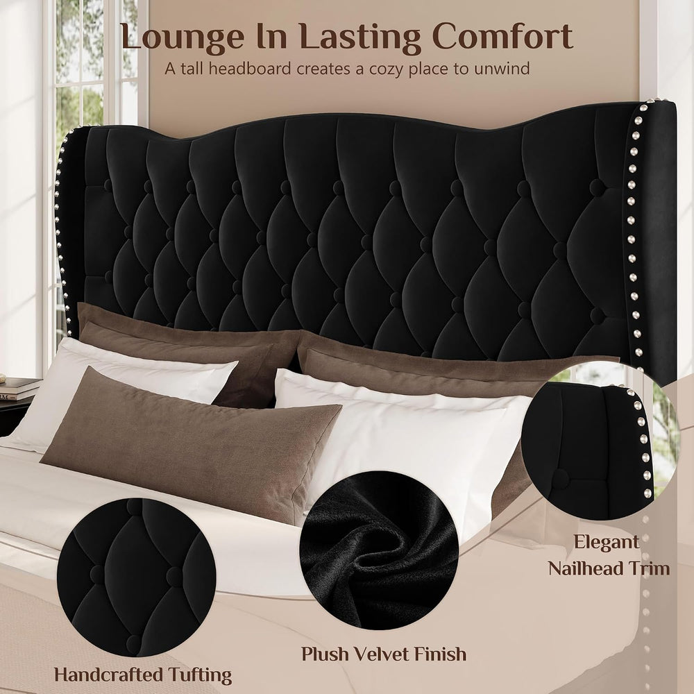 King Size Bed Frame with 53.15" High Crown Headboard, Black