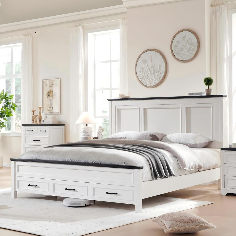 Farmhouse King Size Bed Frame with 53" Tall Headboard, Off White