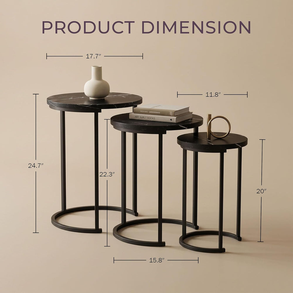 Lavish Home Round Nesting Tables Set of 3, Faux Marble Tabletop, Black