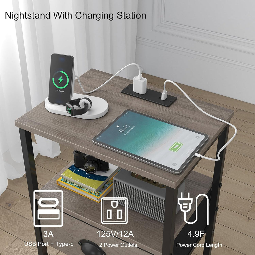 sthmec Nightstands Set of 2, Night Stands with Charging Station and Fabric Dr...