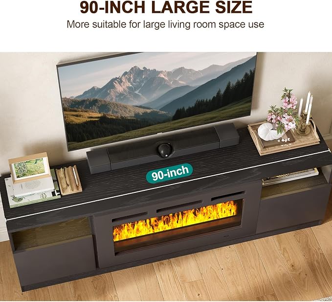 oneinmil 90” TV Stand with 50” Electric Fireplace, Large Modern Media Enterta...