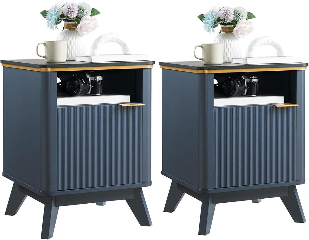QUW Fluted Nightstands Set of 2 with Charging Station, 18" Modern Side T...