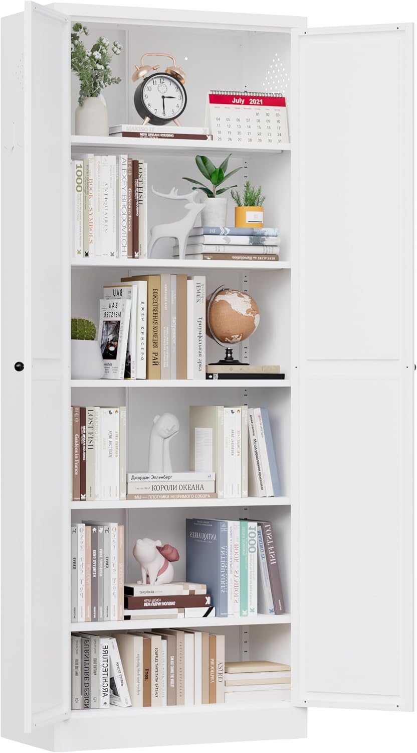 72" White Metal Kitchen Pantry Cabinet with Doors & 5 Adjustable She...