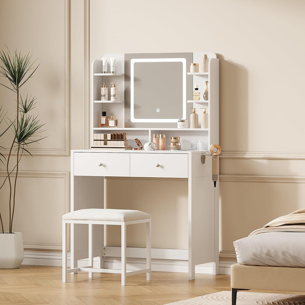 Vanity Desk with Lighted Mirror, Stool and Large Storage Space | Small Vanity...