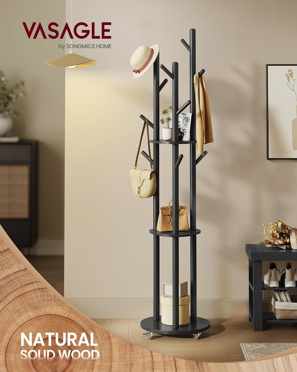VASAGLE Freestanding Coat Rack Stand, with Wheels, 11 Hooks, 3 Shelves