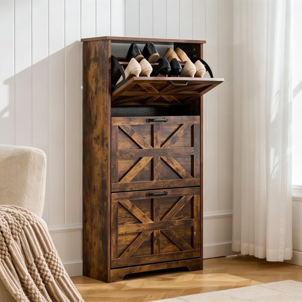 Shoe Cabinet with 3 Flip Drawers, Farmhouse Shoe Storage for Entryway, Wooden...