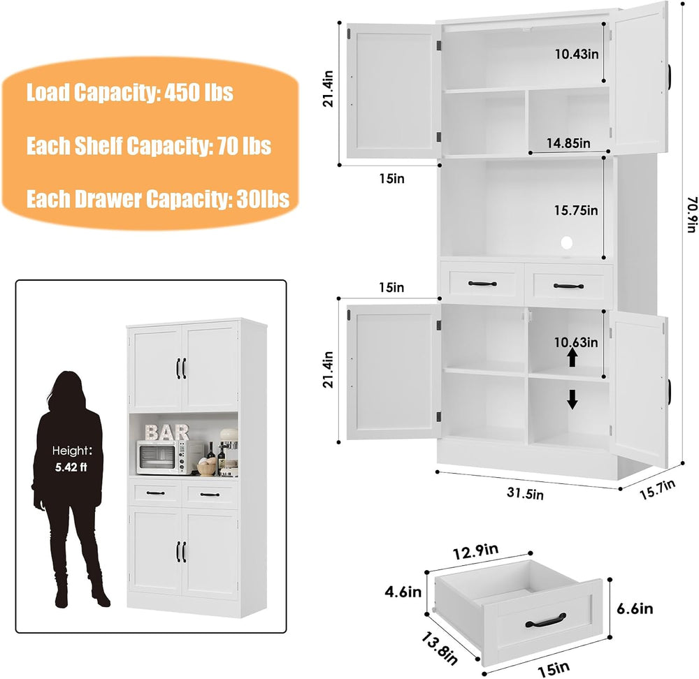 HOSTACK 71" Tall Kitchen Pantry Storage Cabinet, Wood Kitchen Hutch, Whi...
