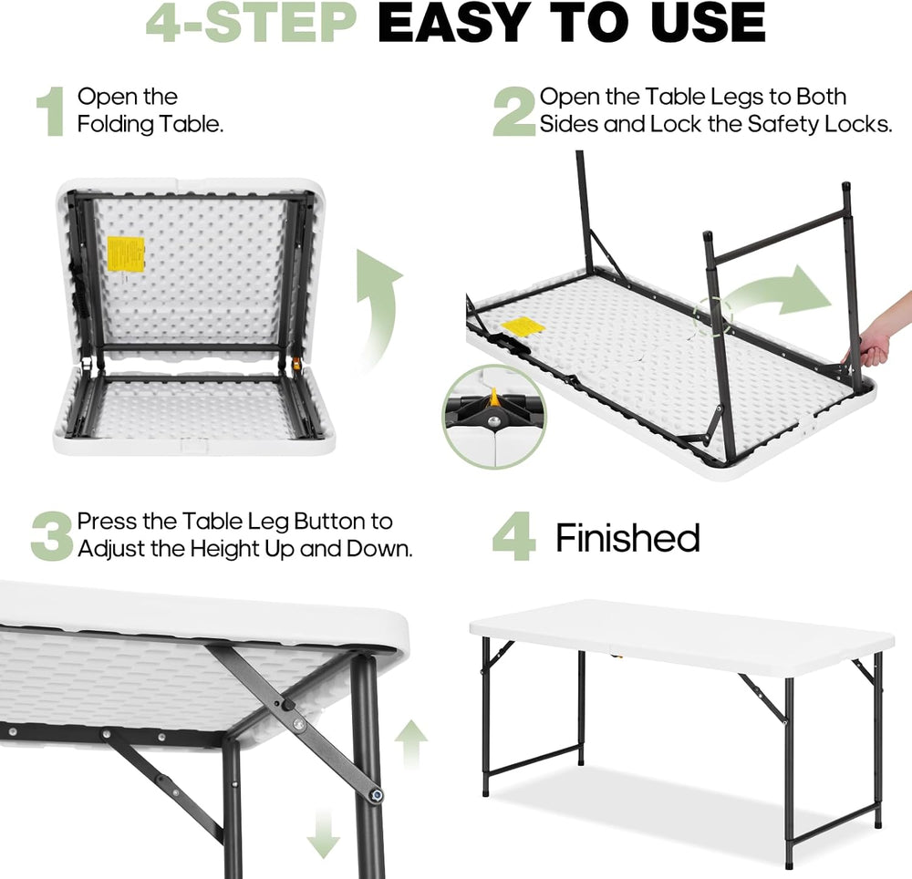 4ft Folding Table with Adjustable Height, 3-Level Foldable Table with HDPE To...