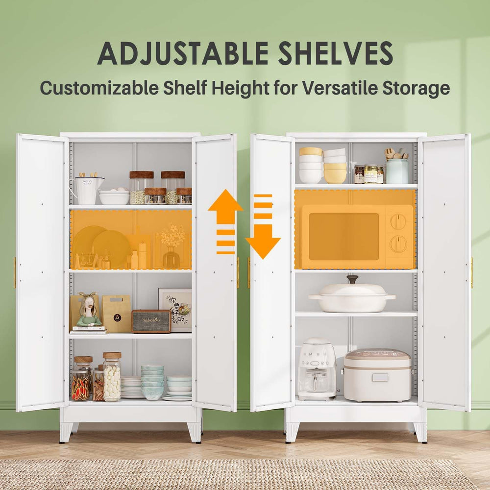 61" Kitchen Pantry Cabinet, Metal Storage Cabinet with 2 Doors and 3 Adj...