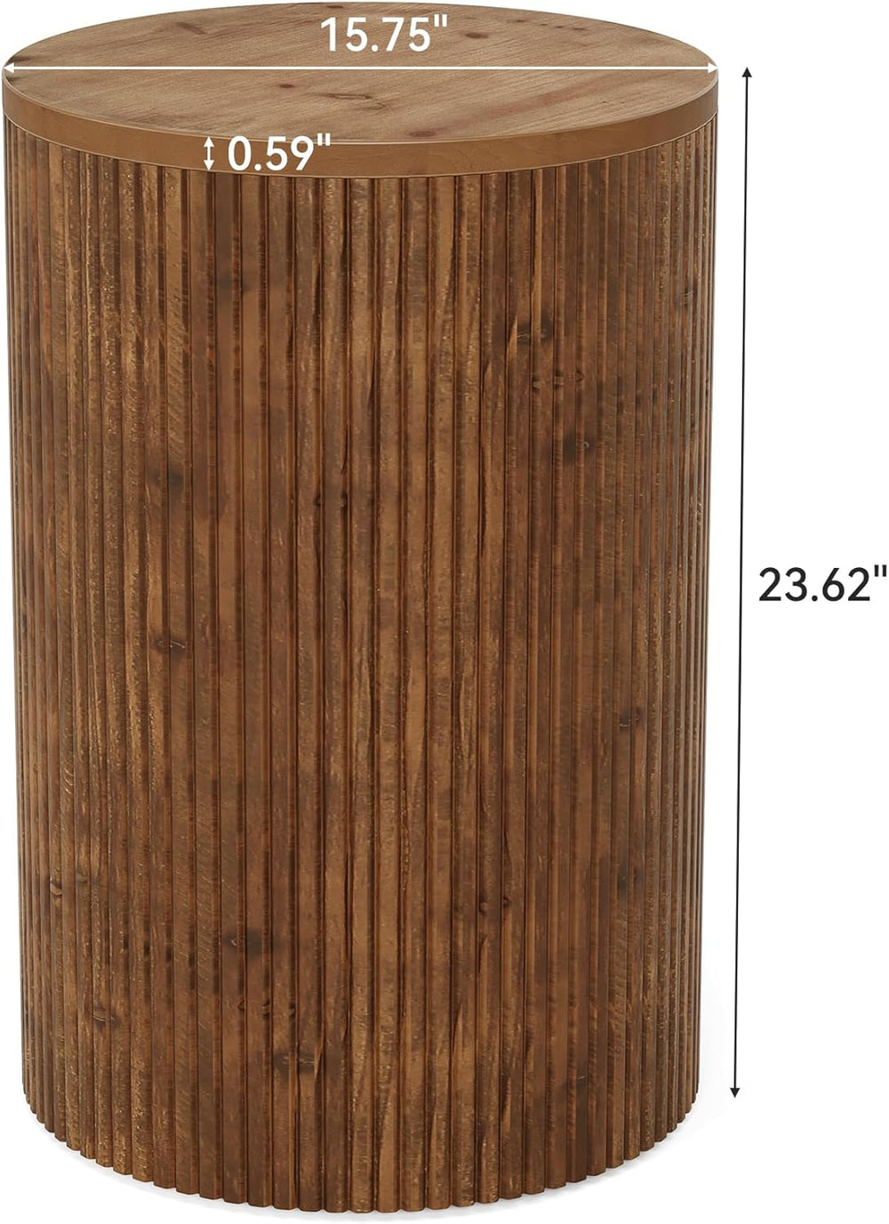 Solid Wood Round Side Table with Storage, No-Assembly Fluted End Table with 4...