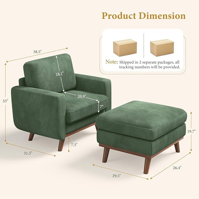 Vesgantti 38.5" Accent Chair with Movable Ottoman, Comfy Corduroy Armcha...