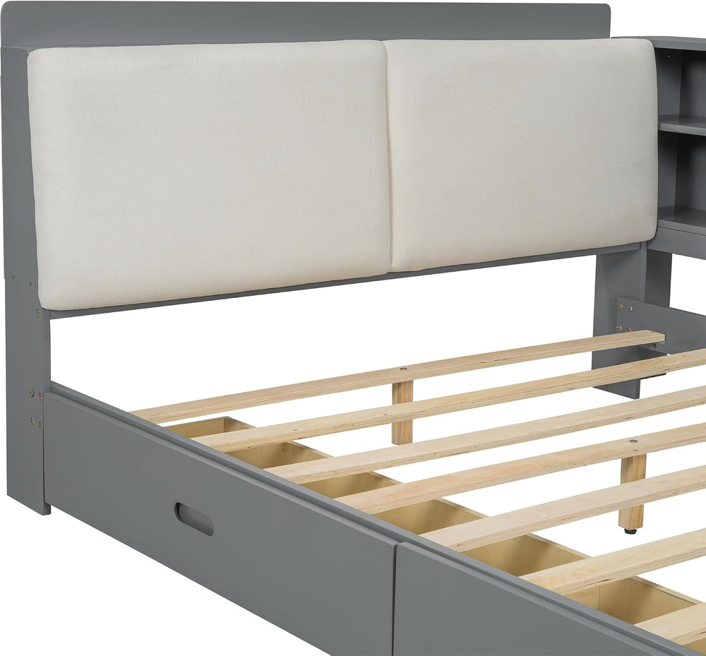 Peanu Full Bed Frame, Storage Headboard, Gray Upholstered Wood