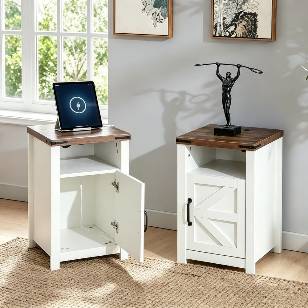 White Farmhouse End Table Set of 2, Rustic Nightstand with Barn Door and Shel...