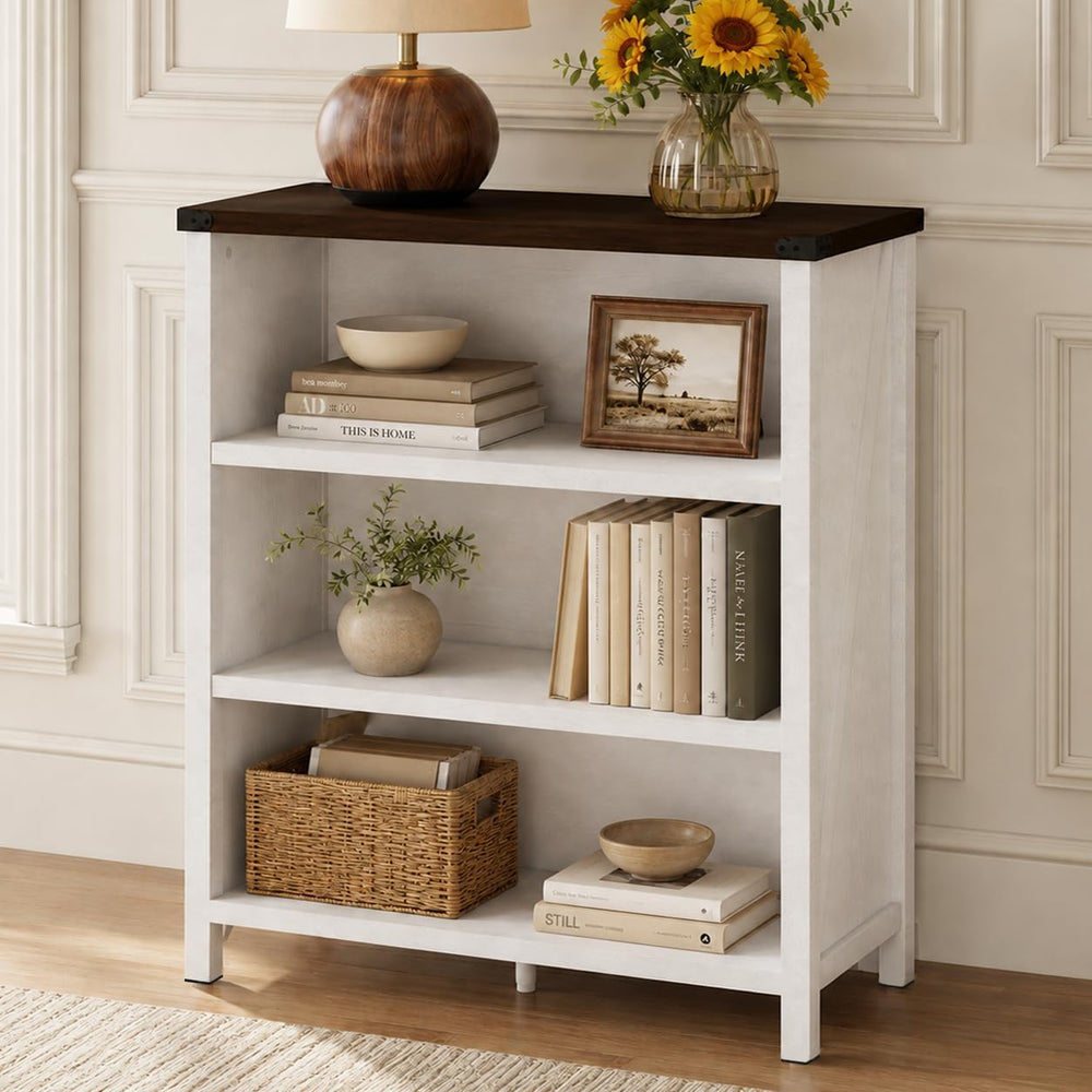 BON AUGURE Farmhouse 3 Tier Bookshelf, Wood Bookcase, White Oak & Walnut