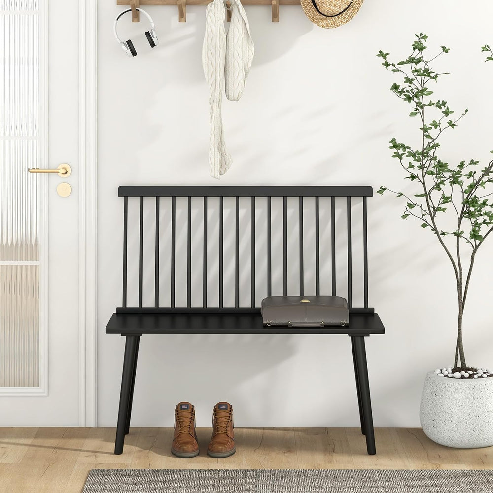 Giantex Dining Bench with Back, Black Windsor Bench with Spindle Back & A...