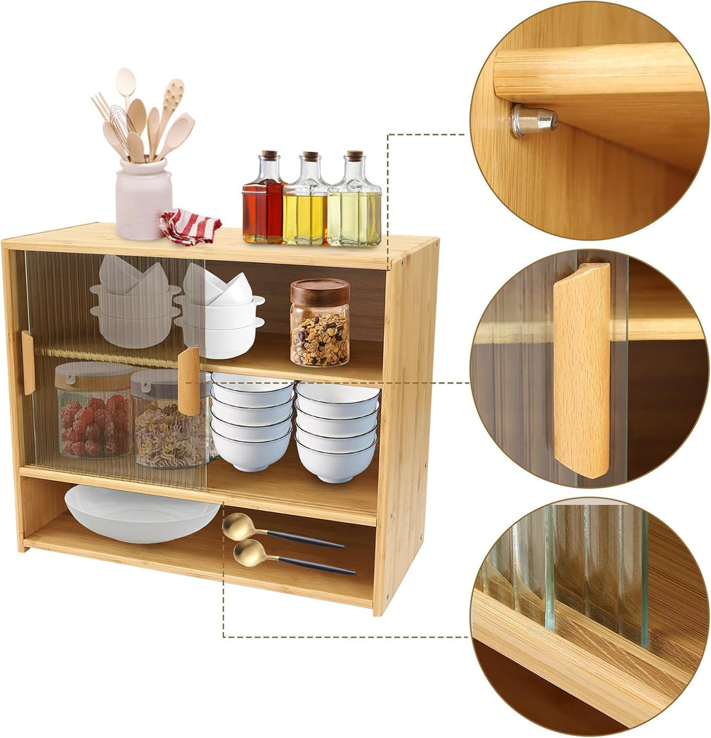 3 Tier Small Bamboo Pantry, Freestanding Dining Cupboard Kitchen Sideboard Co...