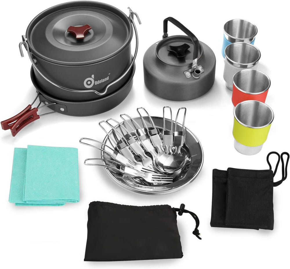 Odoland 22pcs Camping Cookware Mess Kit, Large Size Hanging Pot Pan Kettle wi...