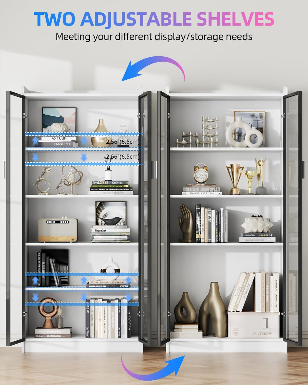 Dystler 65" Display Cabinet with Glass Doors, 5-Tier Curio Cabinet with ...